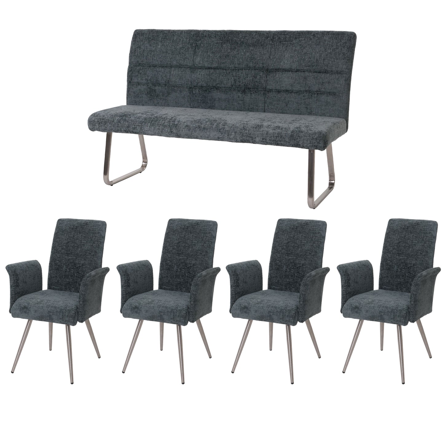 Eetkamerset MCW-G55, set van 4 stoelen met armleuningen + bank 160cm, geborsteld roestvrij staal stof/textiel chenille ~ blauwgroen