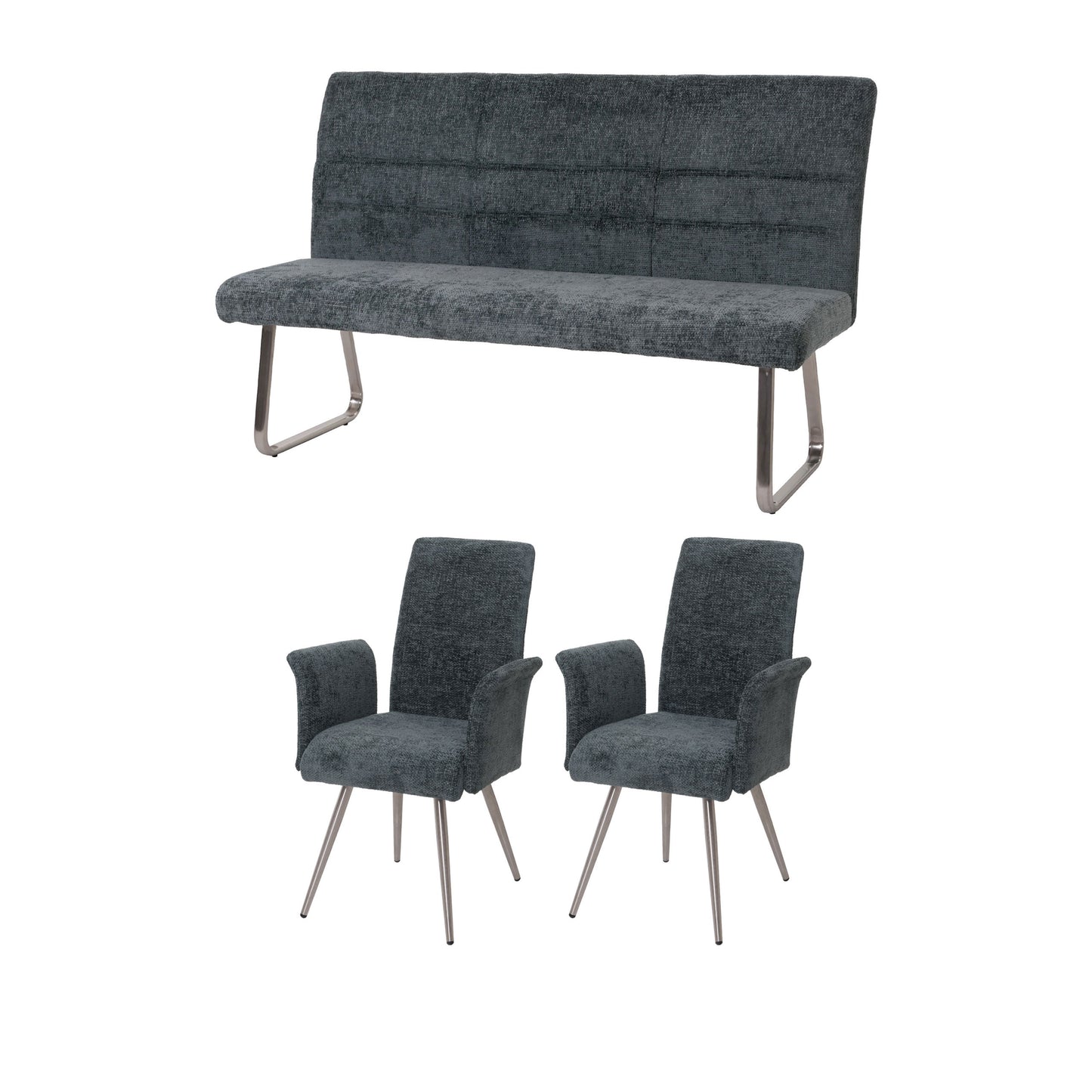 Eetkamerset MCW-G55, set van 2 stoelen met armleuningen + bank 160cm, geborsteld roestvrij staal stof/textiel chenille ~ blauwgroen