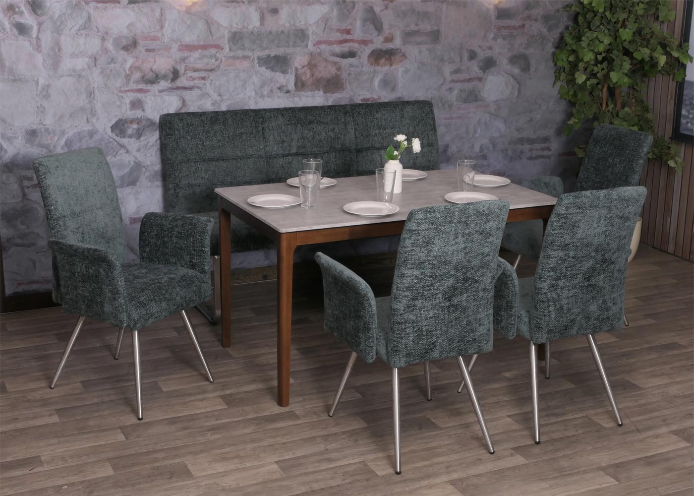 Eetkamerset MCW-G55, set van 4 stoelen met armleuningen + bank 160cm, geborsteld roestvrij staal stof/textiel chenille ~ blauwgroen