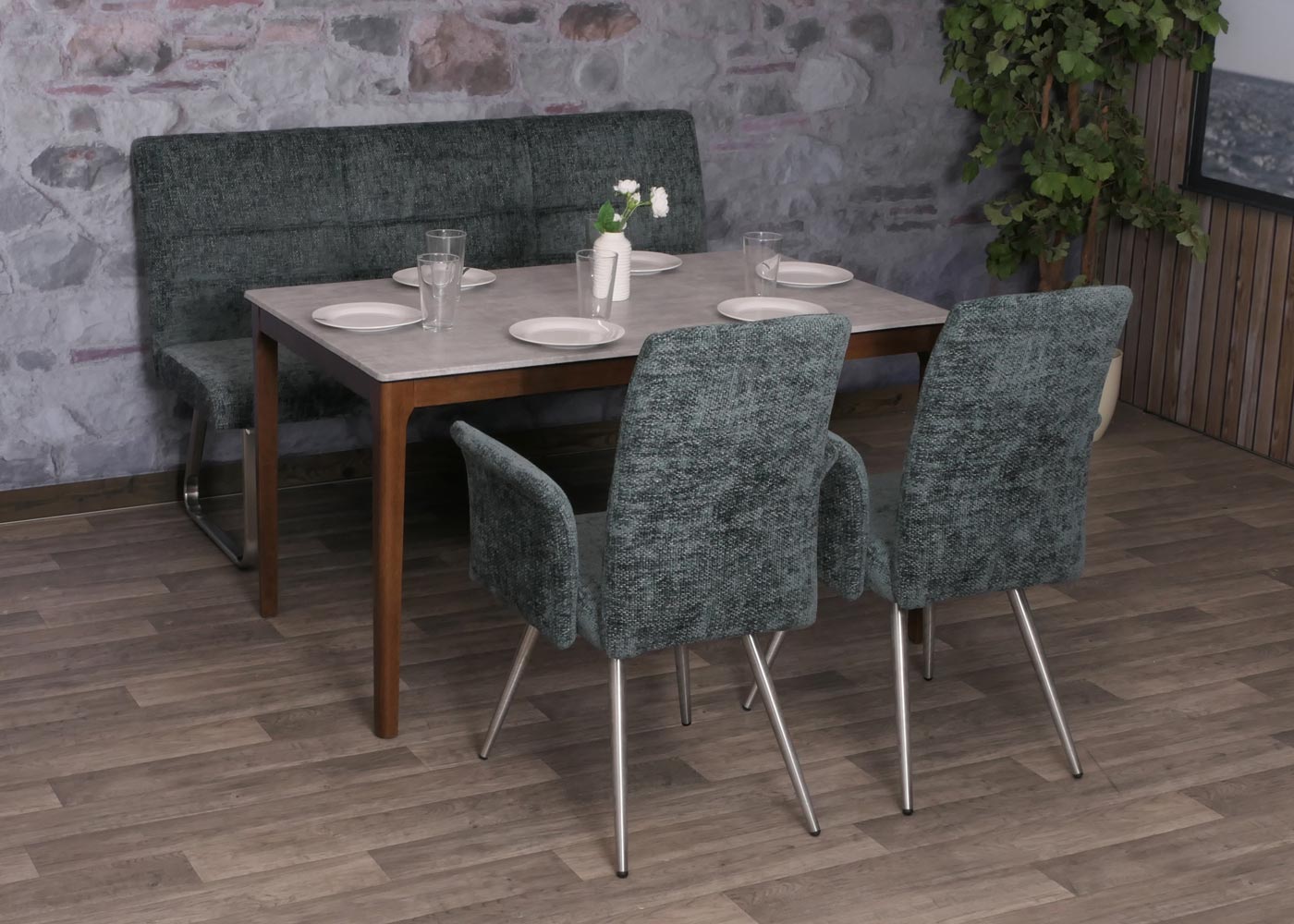 Eetkamerset MCW-G55, set van 2 stoelen met armleuningen + bank 160cm, geborsteld roestvrij staal stof/textiel chenille ~ blauwgroen