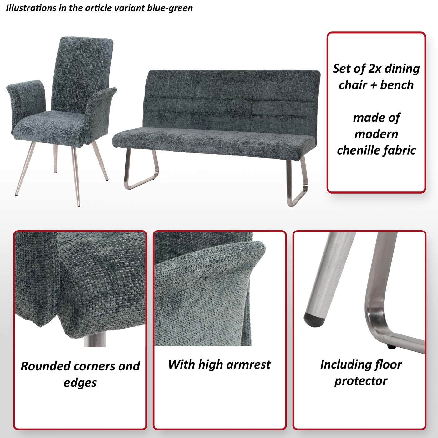 Eetkamerset MCW-G55, set van 2 stoelen met armleuningen + zitbank 180cm, geborsteld roestvrij staal stof/textiel chenille ~ donkergrijs