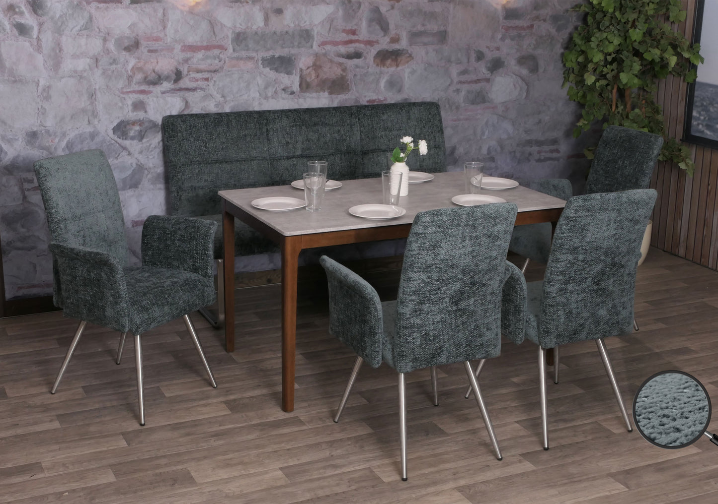 Eetkamerset MCW-G55, set van 4 stoelen met armleuningen + bank 160cm, geborsteld roestvrij staal stof/textiel chenille ~ blauwgroen