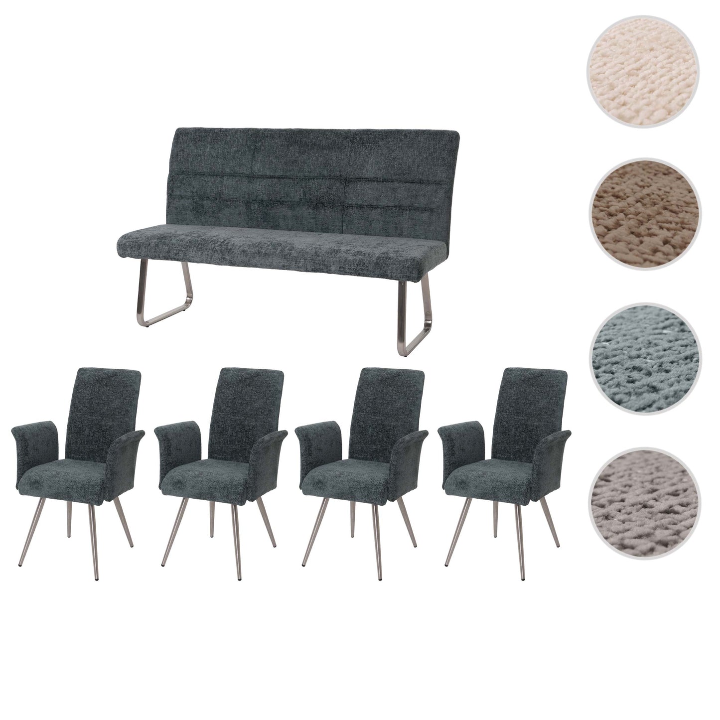 Eetkamerset MCW-G55, set van 4 stoelen met armleuningen + bank 160cm, geborsteld roestvrij staal stof/textiel chenille ~ blauwgroen