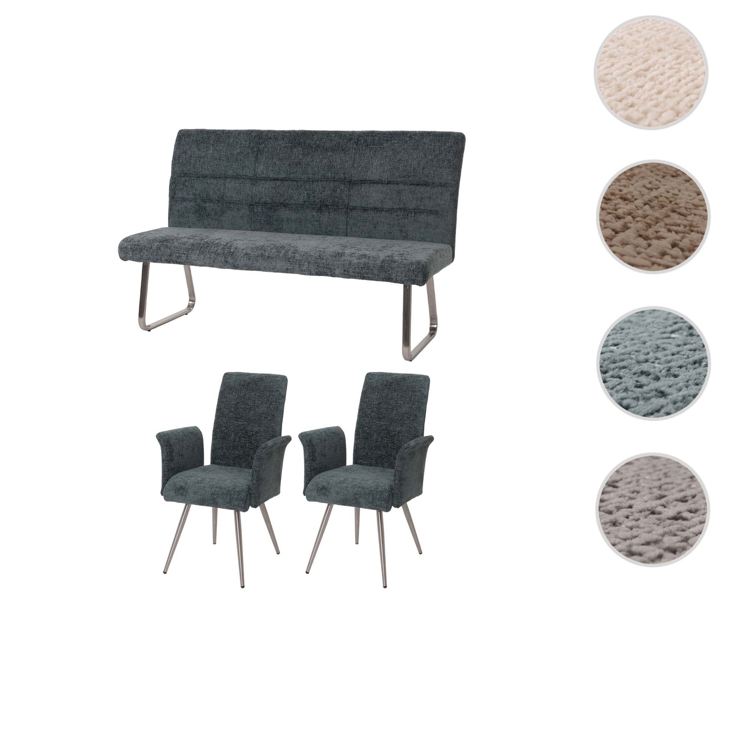 Eetkamerset MCW-G55, set van 2 stoelen met armleuningen + bank 160cm, geborsteld roestvrij staal stof/textiel chenille ~ blauwgroen