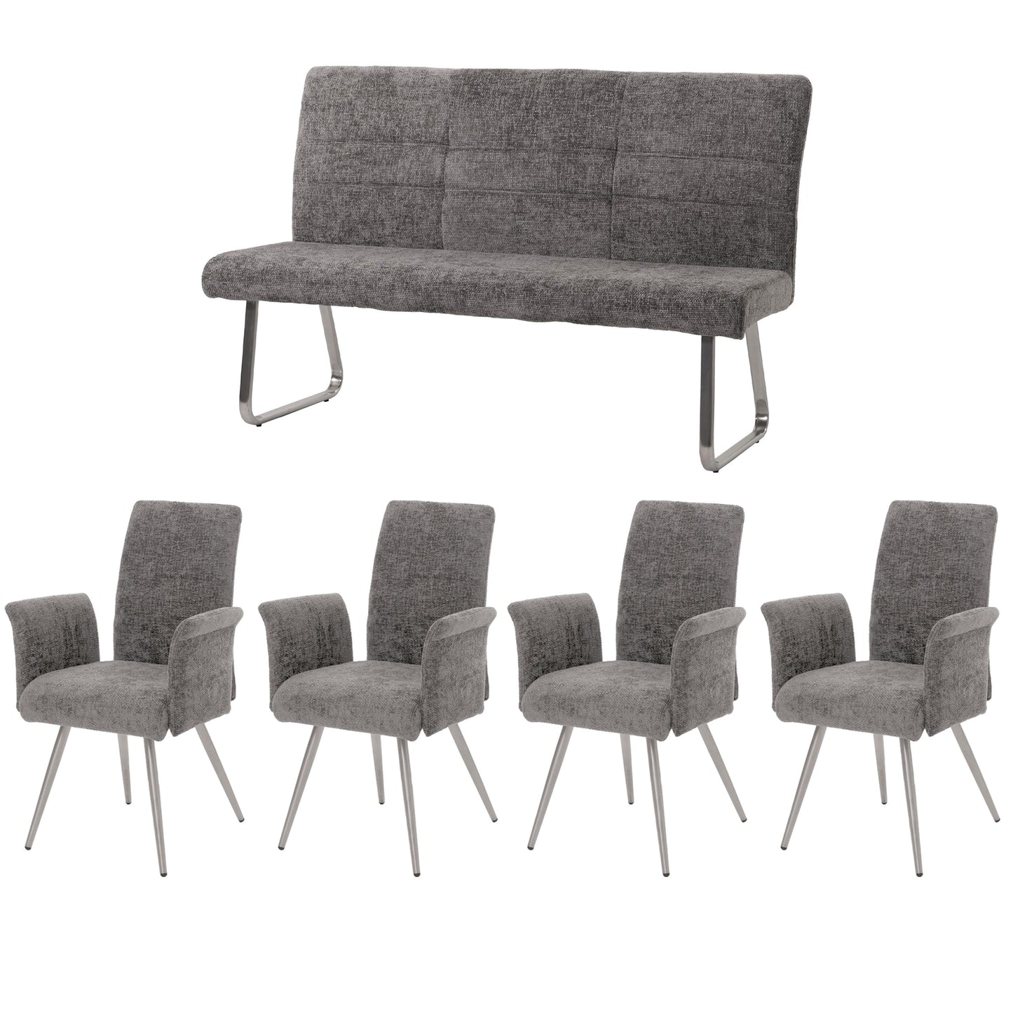 Eetkamerset MCW-G55, set van 4 stoelen met armleuningen + bank 160cm, geborsteld roestvrij staal stof/textiel chenille ~ donkergrijs