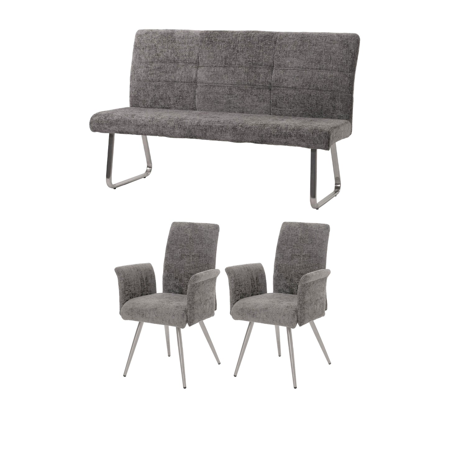 Eetkamerset MCW-G55, set van 2 stoelen met armleuningen + bank 160cm, geborsteld roestvrij staal stof/textiel chenille ~ donkergrijs