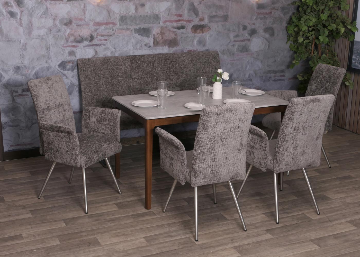 Eetkamerset MCW-G55, set van 4 stoelen met armleuningen + bank 160cm, geborsteld roestvrij staal stof/textiel chenille ~ donkergrijs