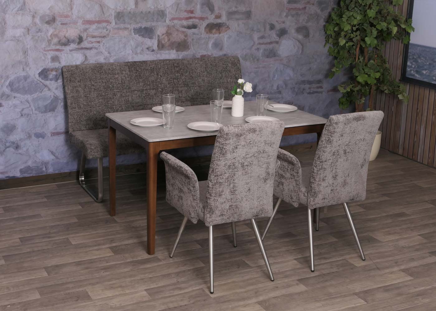 Eetkamerset MCW-G55, set van 2 stoelen met armleuningen + bank 160cm, geborsteld roestvrij staal stof/textiel chenille ~ donkergrijs
