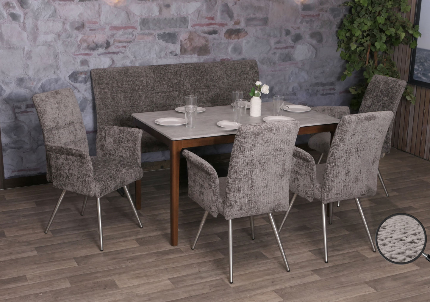 Eetkamerset MCW-G55, set van 4 stoelen met armleuningen + bank 160cm, geborsteld roestvrij staal stof/textiel chenille ~ donkergrijs