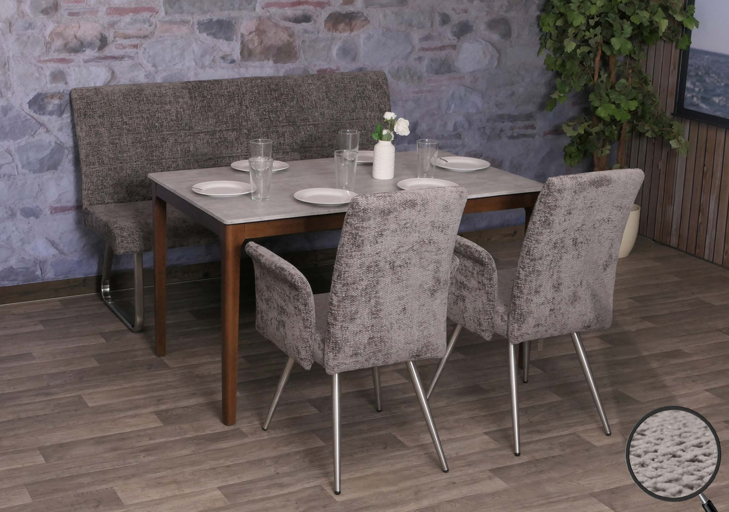 Eetkamerset MCW-G55, set van 2 stoelen met armleuningen + bank 160cm, geborsteld roestvrij staal stof/textiel chenille ~ donkergrijs
