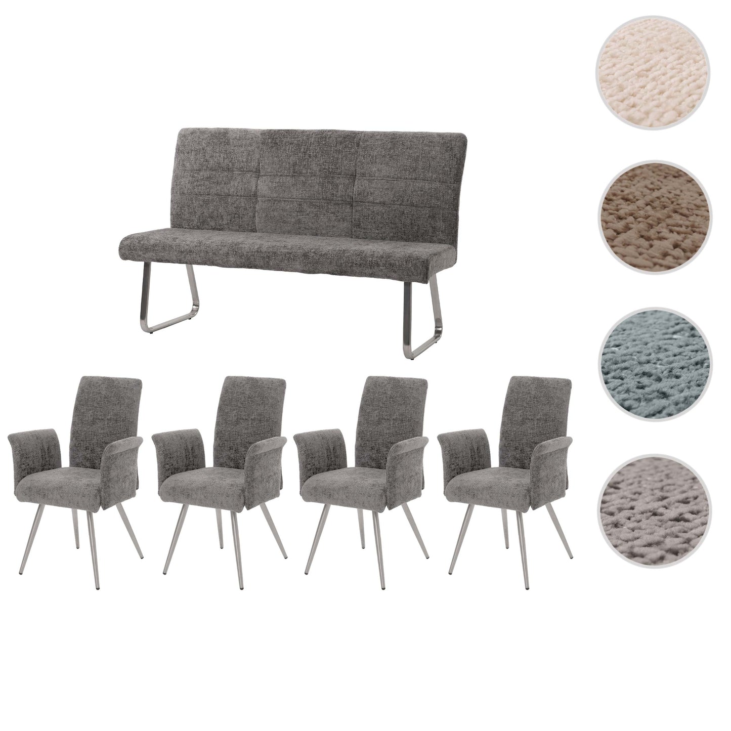 Eetkamerset MCW-G55, set van 4 stoelen met armleuningen + bank 160cm, geborsteld roestvrij staal stof/textiel chenille ~ donkergrijs