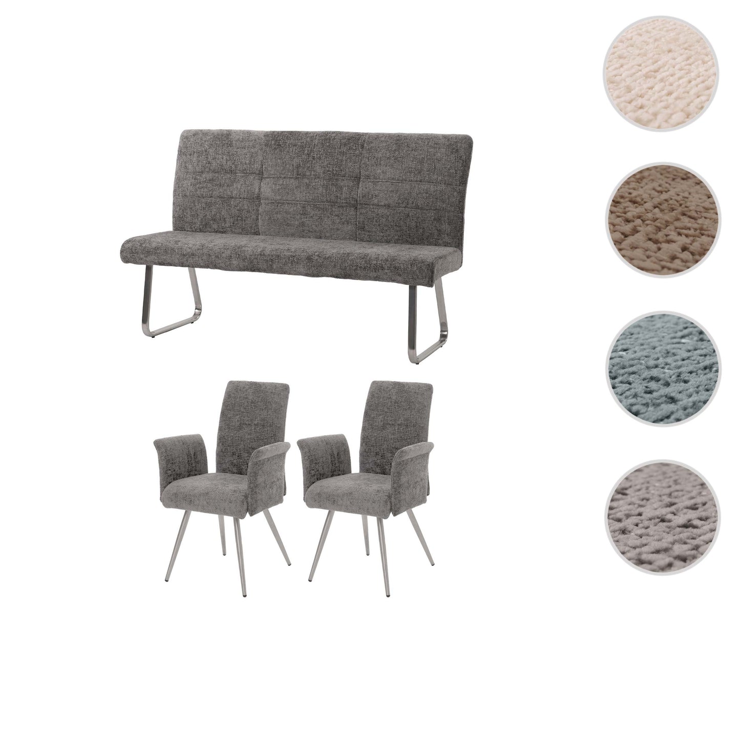 Eetkamerset MCW-G55, set van 2 stoelen met armleuningen + bank 160cm, geborsteld roestvrij staal stof/textiel chenille ~ donkergrijs