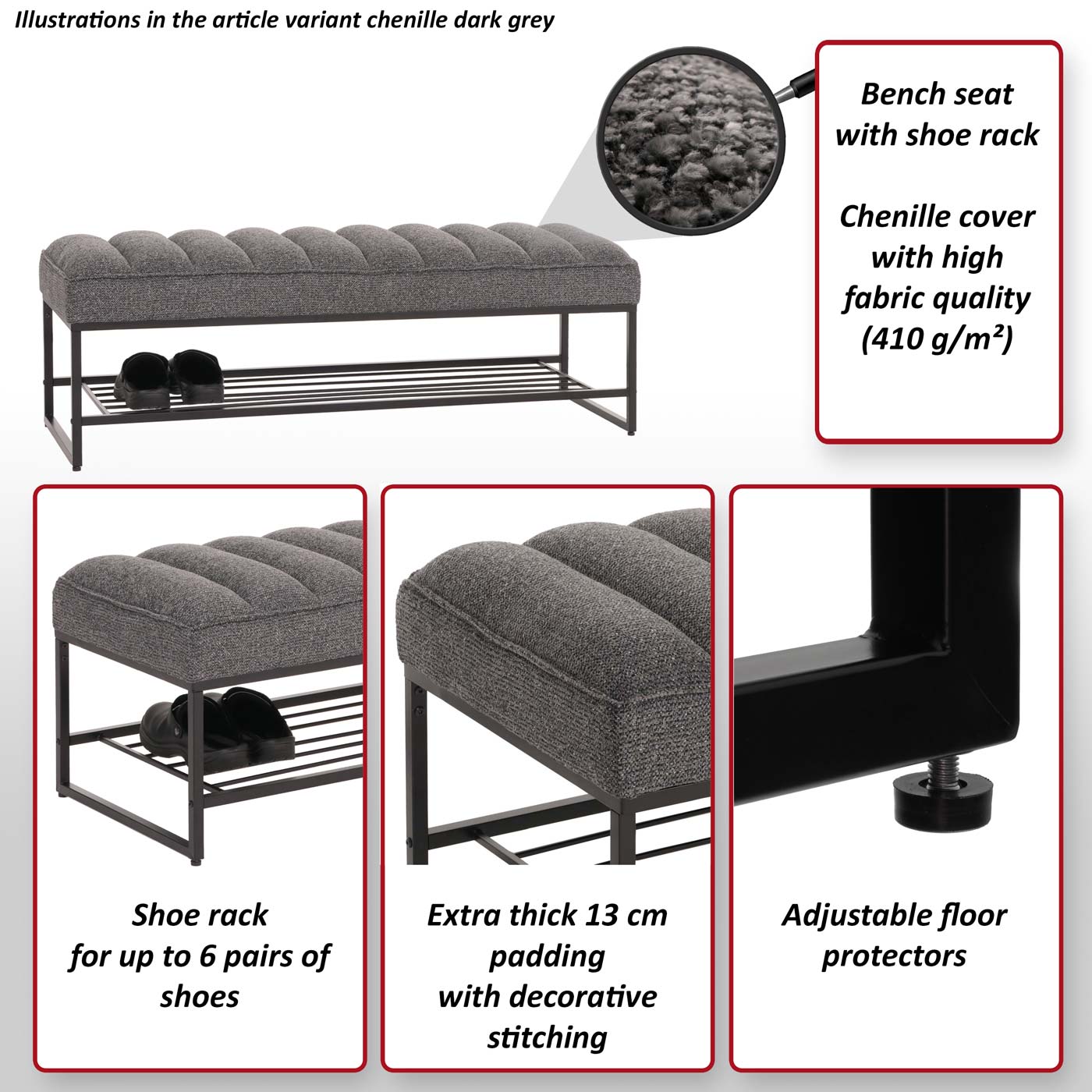 Bank MCW-N68 met schoenenrek, bank gestoffeerd bank garderobe bank schoenenrek, stof chenille metaal 130cm ~ koffie