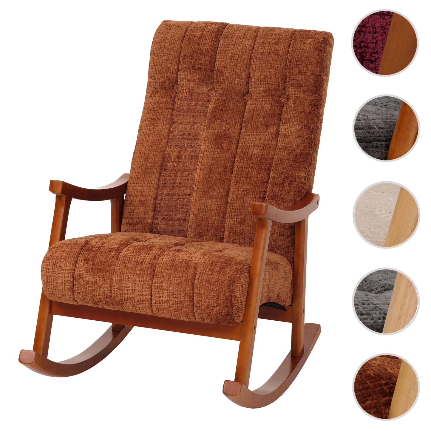 Schommelstoel MCW-K10, relaxfauteuil, hout MVG stof/textiel chenille (465g/m²) ~ terracotta, frame walnoot-look