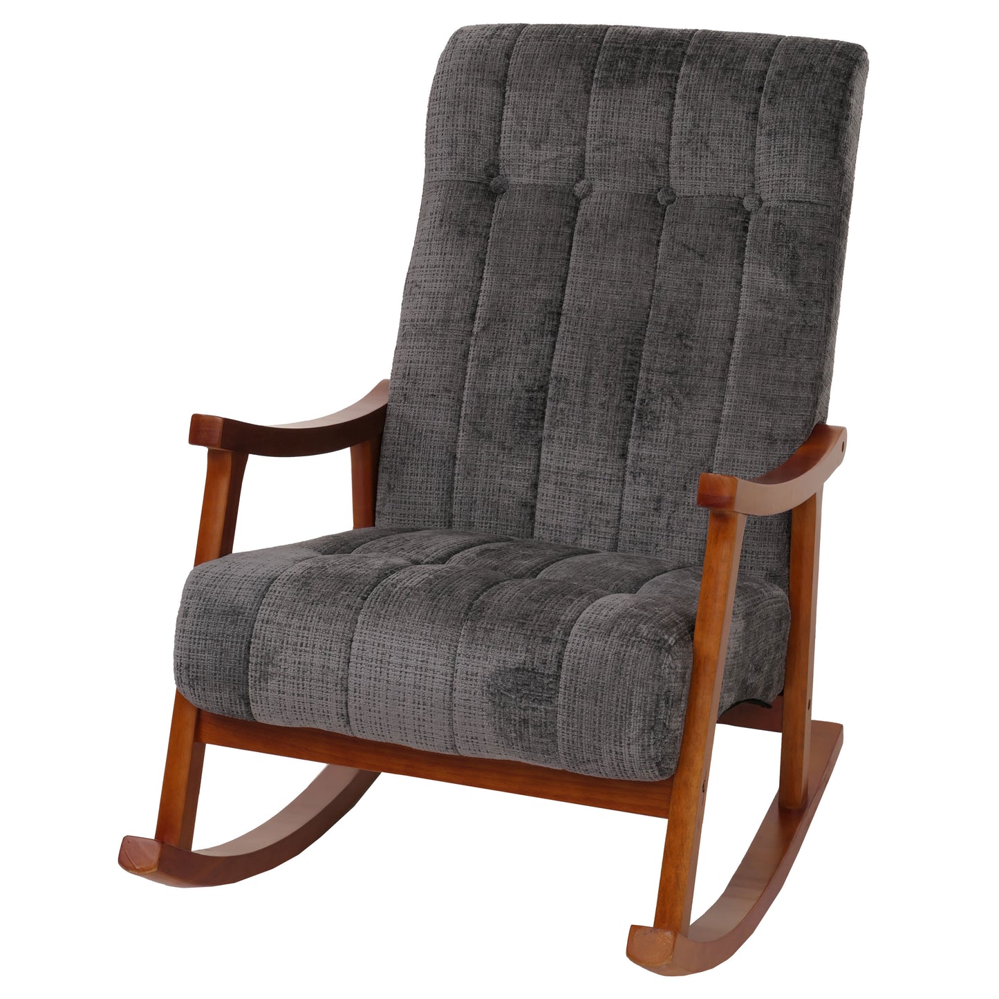 Schommelstoel MCW-K10, relaxfauteuil, hout MVG stof/textiel chenille (465g/m²) ~ donkergrijs, frame walnoot-look