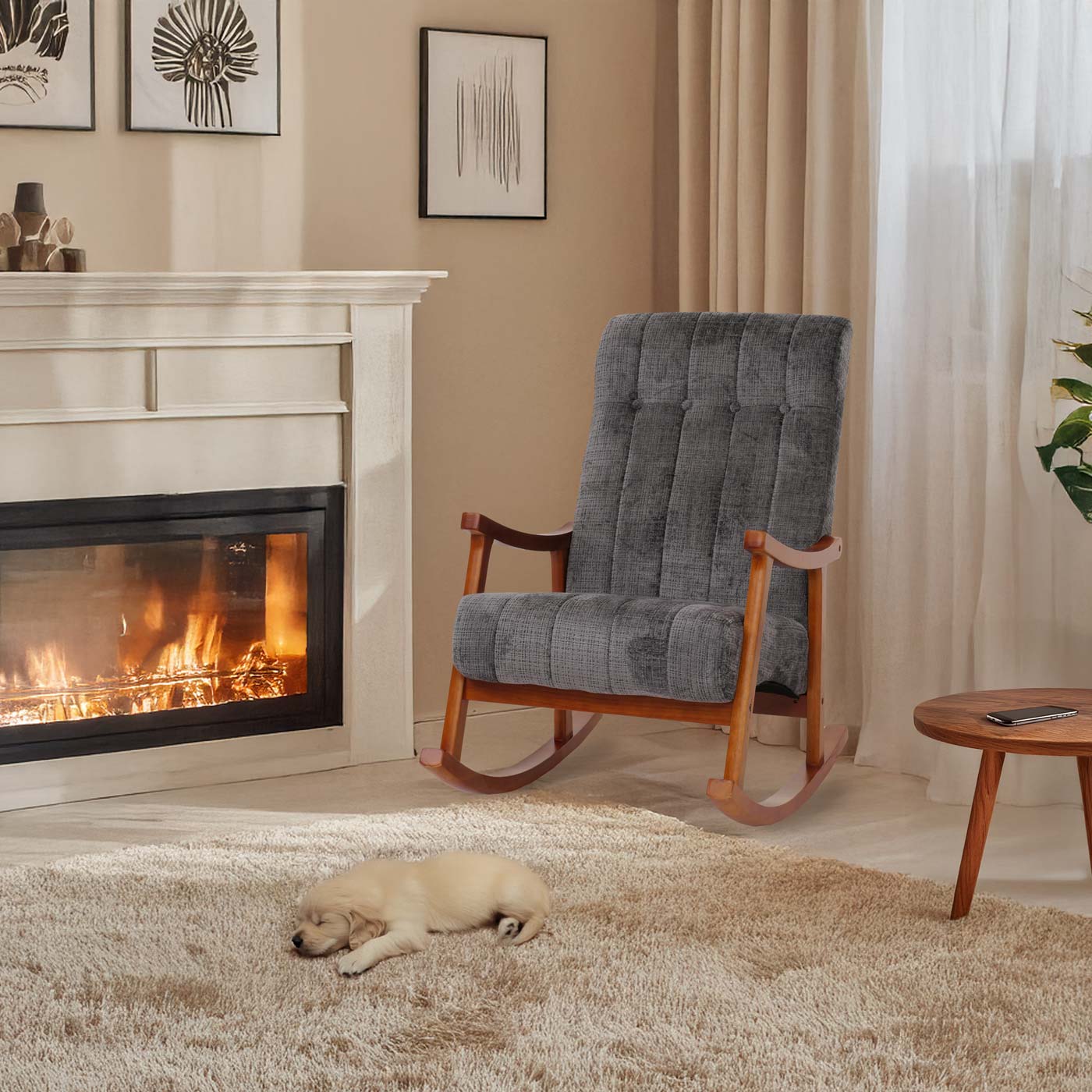 Schommelstoel MCW-K10, relaxfauteuil, hout MVG stof/textiel chenille (465g/m²) ~ donkergrijs, frame walnoot-look