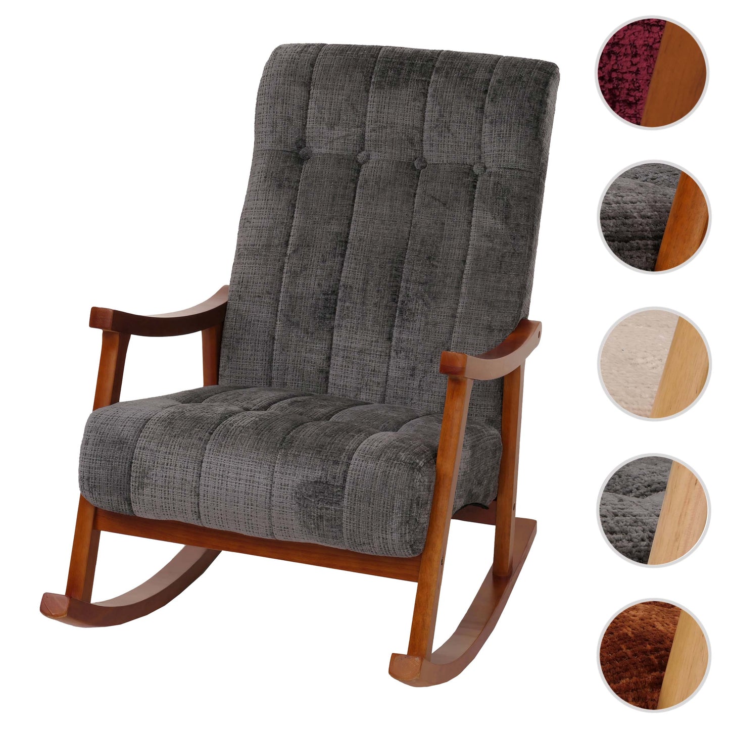 Schommelstoel MCW-K10, relaxfauteuil, hout MVG stof/textiel chenille (465g/m²) ~ donkergrijs, frame walnoot-look