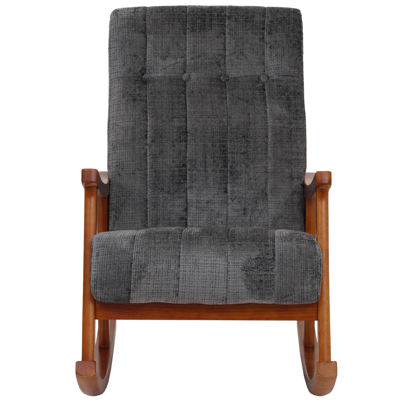 Schommelstoel MCW-K10, relaxfauteuil, hout MVG stof/textiel chenille (465g/m²) ~ donkergrijs, frame walnoot-look