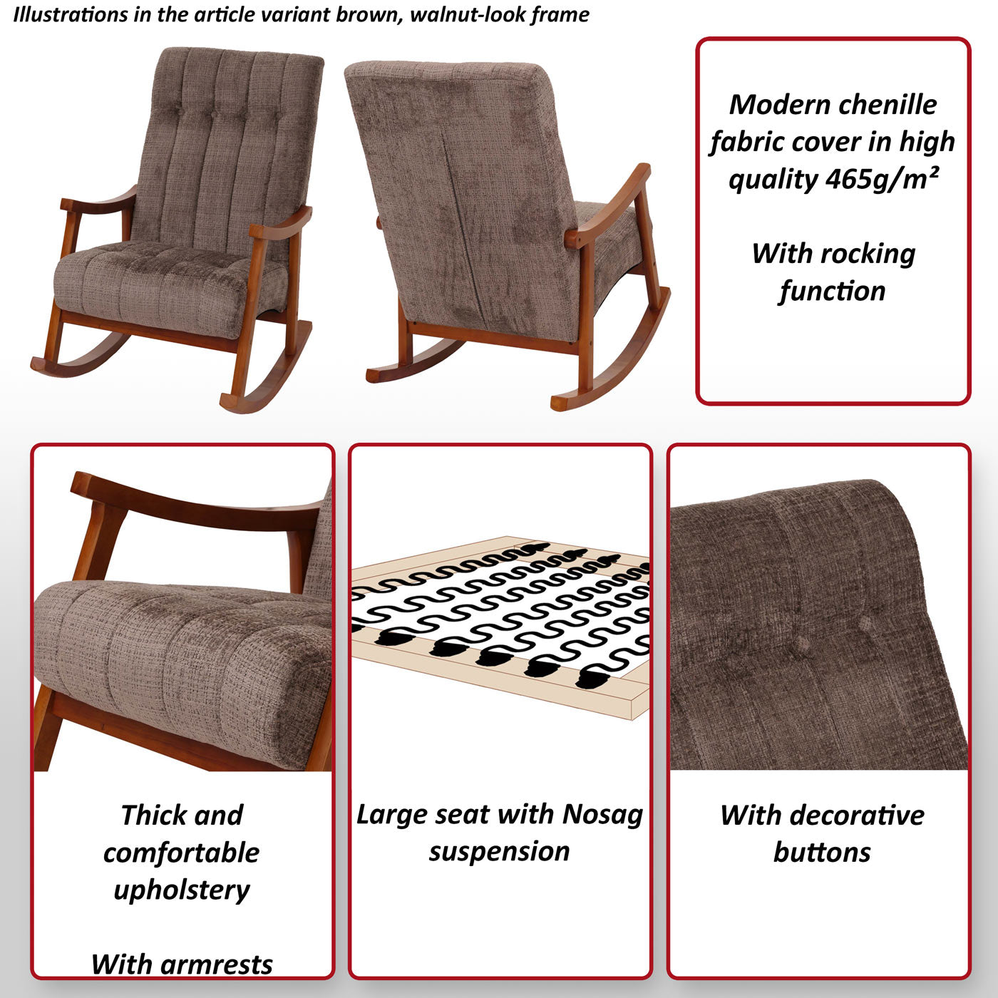 Schommelstoel MCW-K10, relaxfauteuil, hout MVG stof/textiel chenille (465g/m²) ~ donkergrijs, frame walnoot-look
