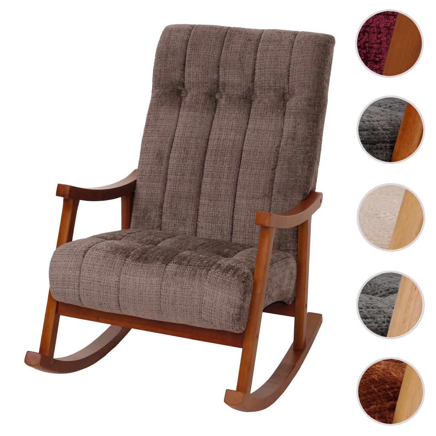 Schommelstoel MCW-K10, relaxfauteuil, hout MVG stof/textiel chenille (465g/m²) ~ bruin, frame walnoot-look