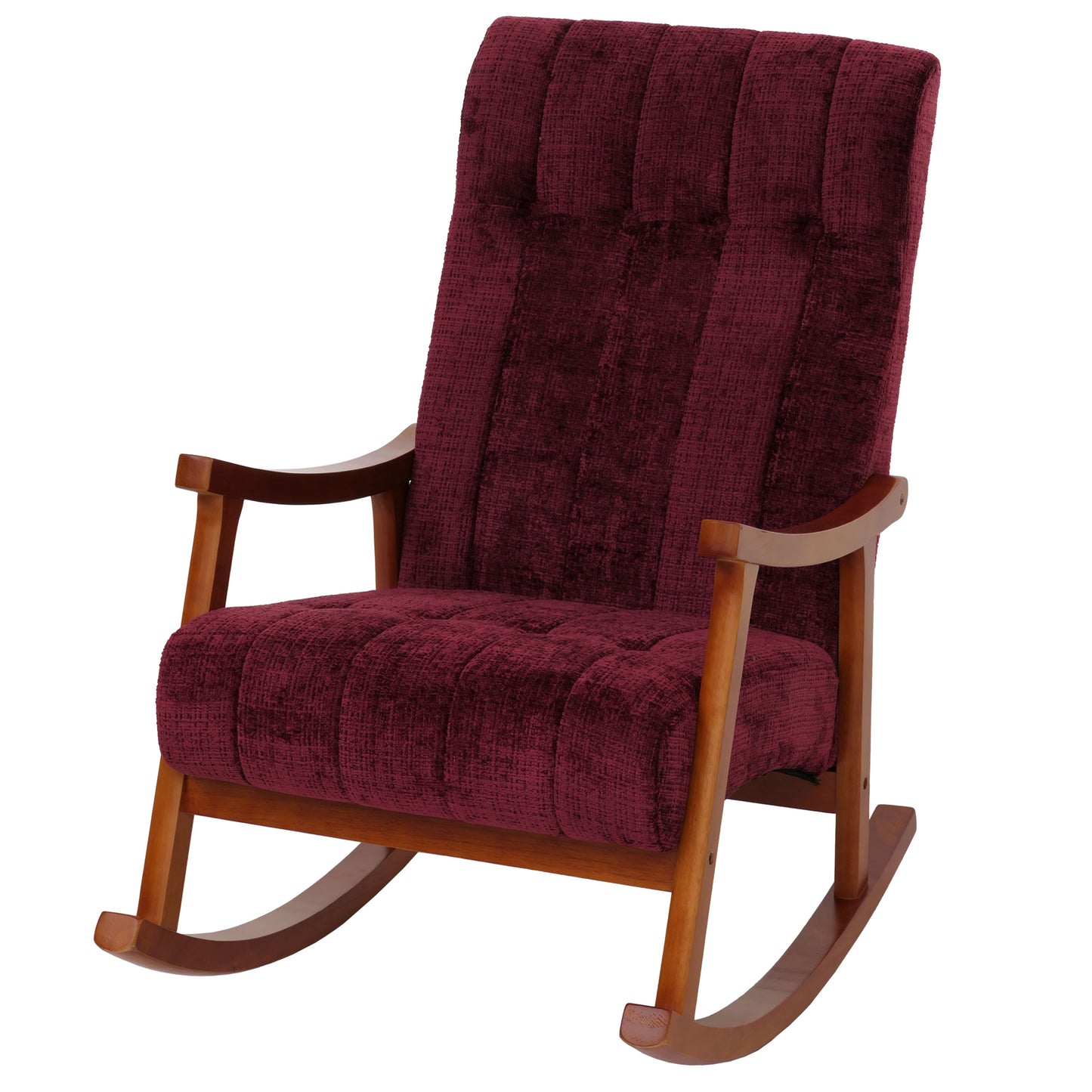 Schommelstoel MCW-K10, relaxfauteuil, hout MVG stof/textiel chenille (465g/m²) ~ bordeaux, frame walnoot-look