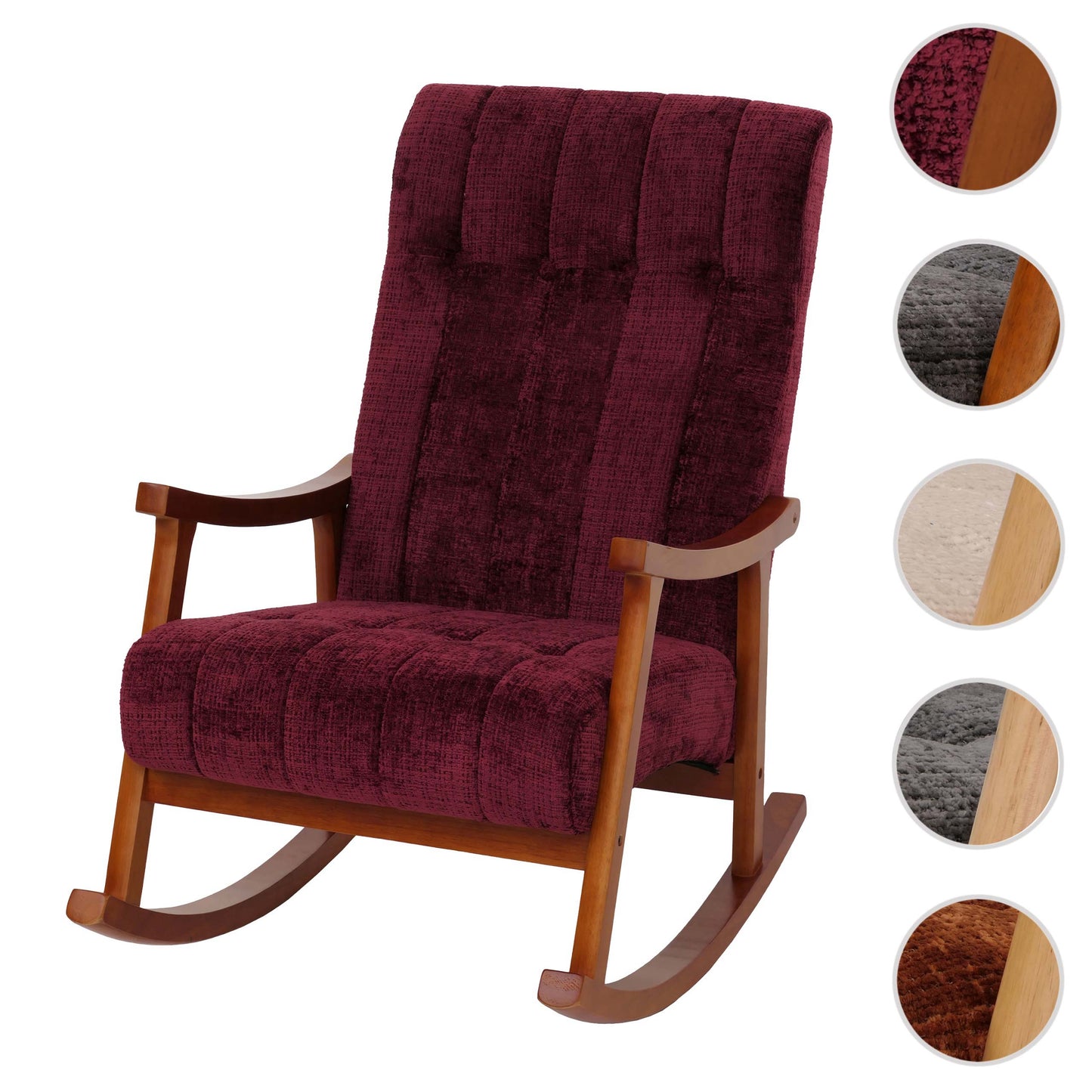 Schommelstoel MCW-K10, relaxfauteuil, hout MVG stof/textiel chenille (465g/m²) ~ bordeaux, frame walnoot-look