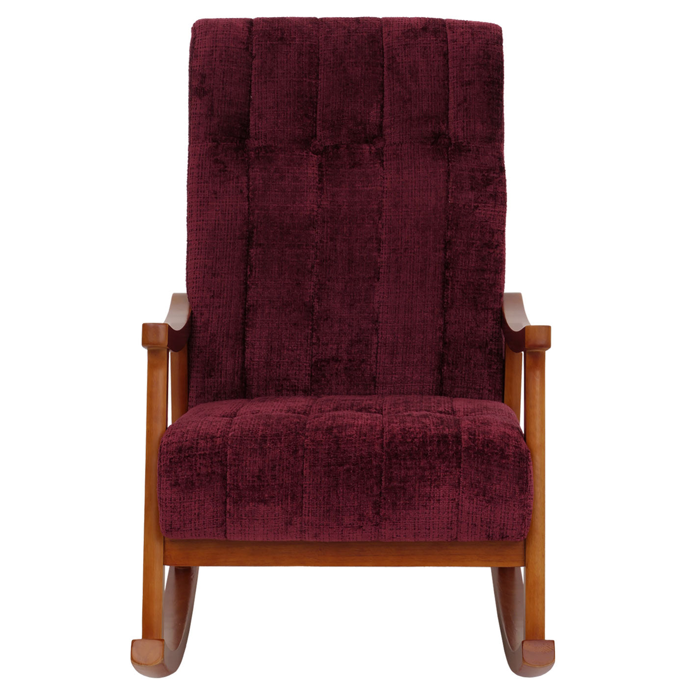 Schommelstoel MCW-K10, relaxfauteuil, hout MVG stof/textiel chenille (465g/m²) ~ bordeaux, frame walnoot-look