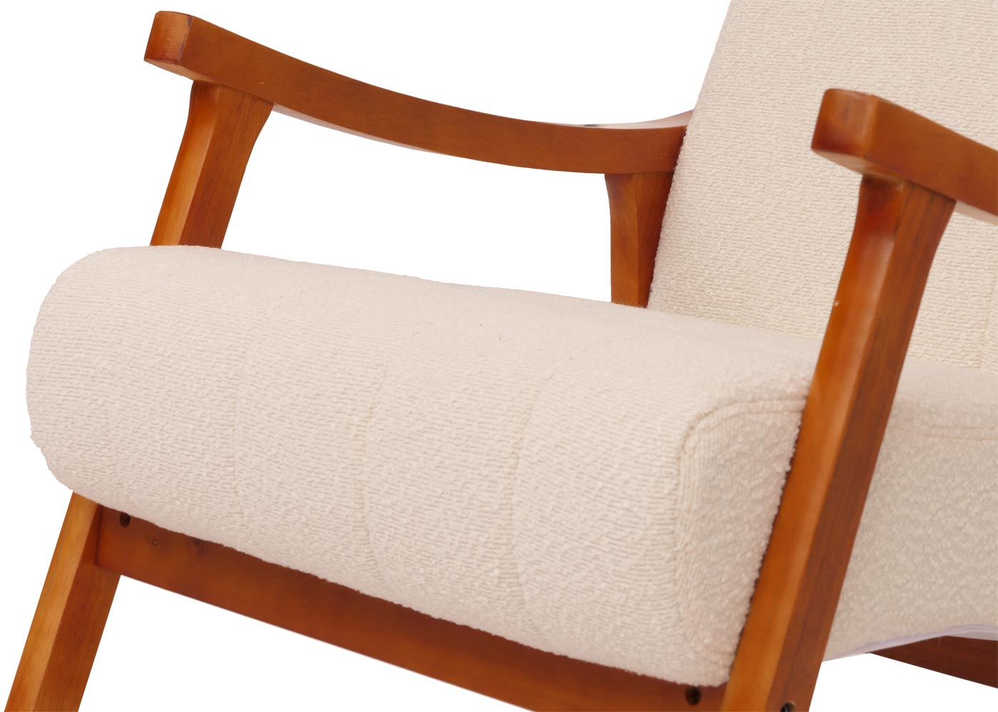 Schommelstoel MCW-K10, relaxfauteuil, hout MVG stof/textiel bouclé (450g/m²) ~ crème, frame walnoot-look