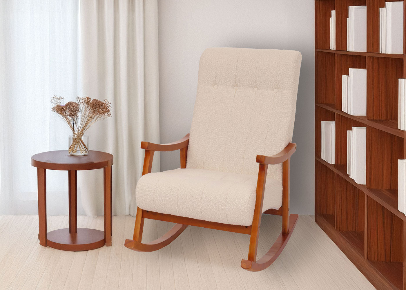 Schommelstoel MCW-K10, relaxfauteuil, hout MVG stof/textiel bouclé (450g/m²) ~ crème, frame walnoot-look