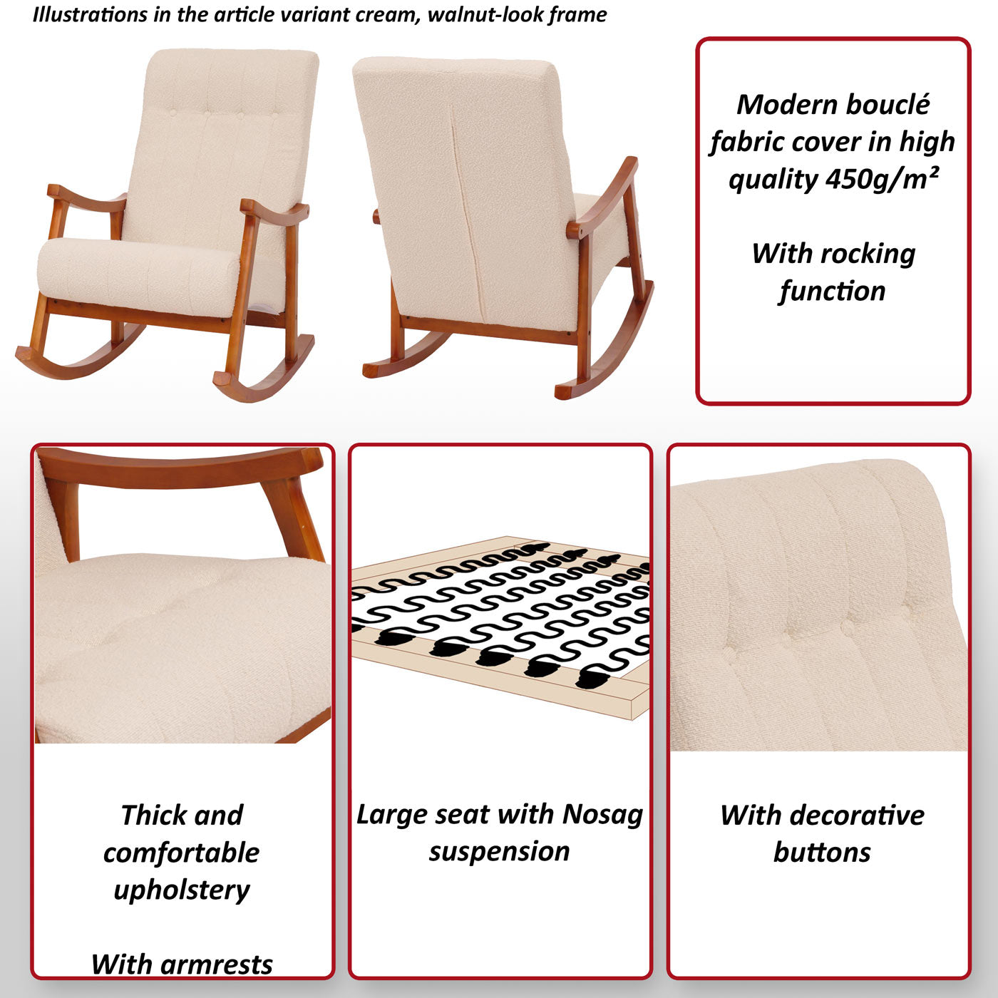 Schommelstoel MCW-K10, relaxfauteuil, hout MVG stof/textiel bouclé (450g/m²) ~ taupe, frame walnoot-look