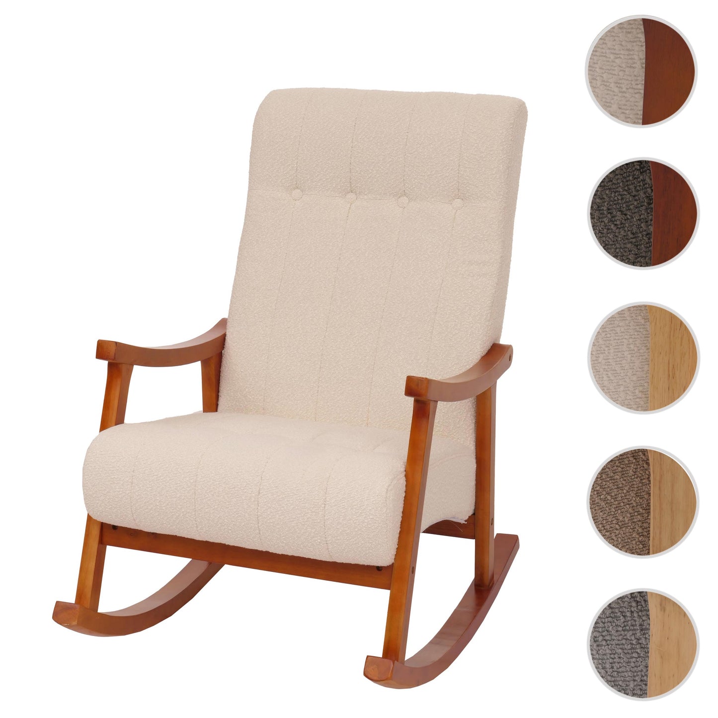 Schommelstoel MCW-K10, relaxfauteuil, hout MVG stof/textiel bouclé (450g/m²) ~ crème, frame walnoot-look