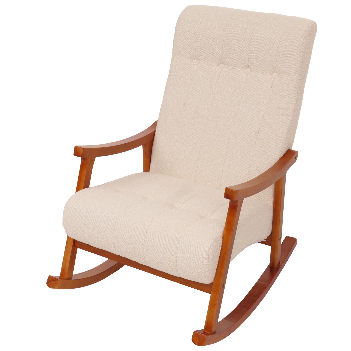 Schommelstoel MCW-K10, relaxfauteuil, hout MVG stof/textiel bouclé (450g/m²) ~ crème, frame walnoot-look
