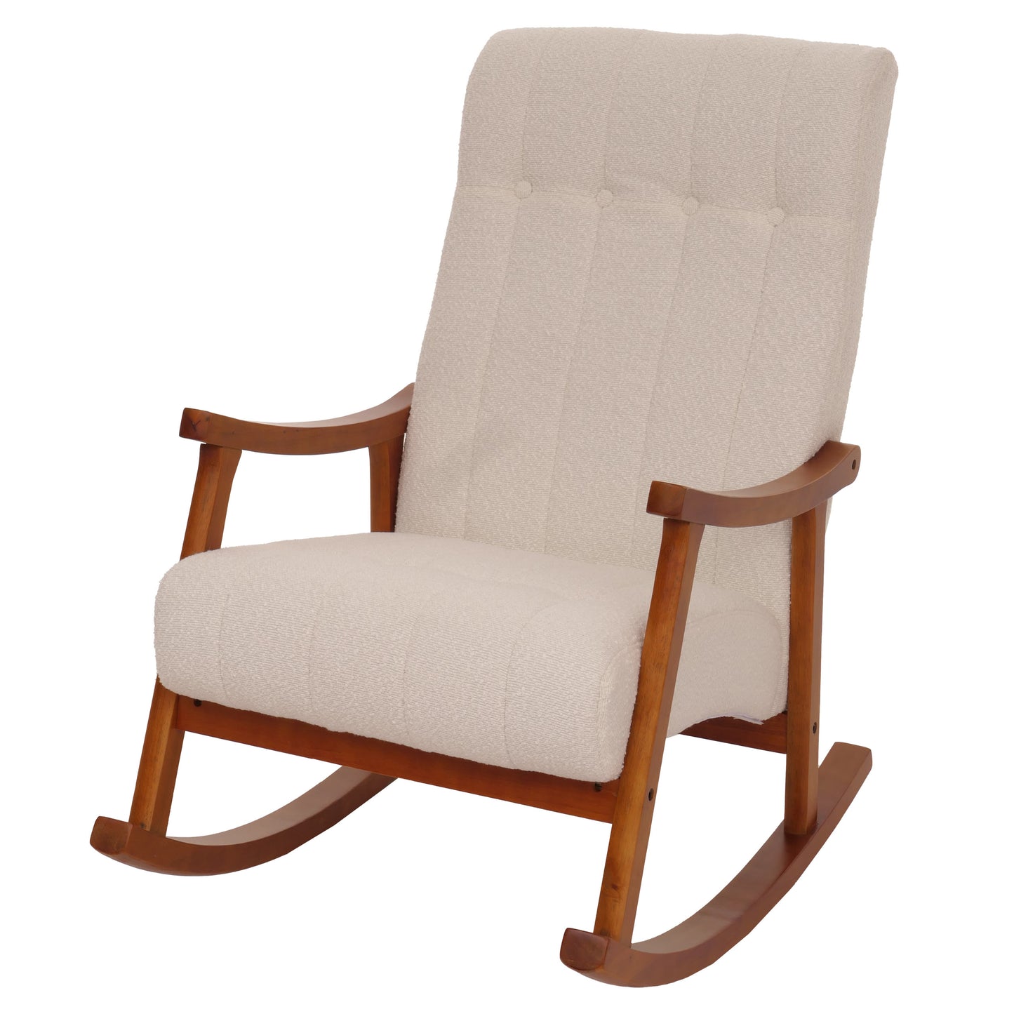 Schommelstoel MCW-K10, relaxfauteuil, hout MVG stof/textiel bouclé (450g/m²) ~ beige, frame walnoot-look