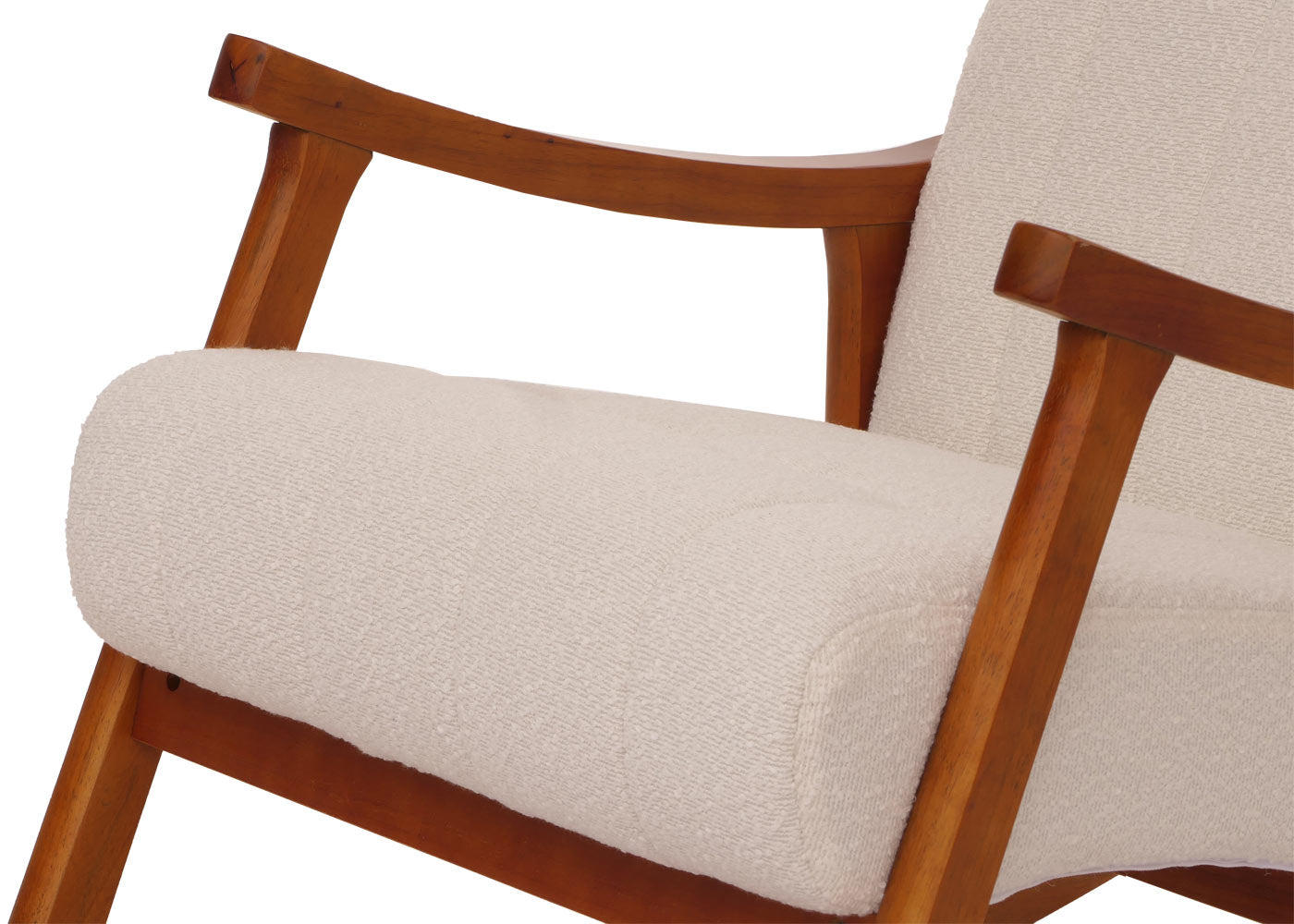 Schommelstoel MCW-K10, relaxfauteuil, hout MVG stof/textiel bouclé (450g/m²) ~ beige, frame walnoot-look