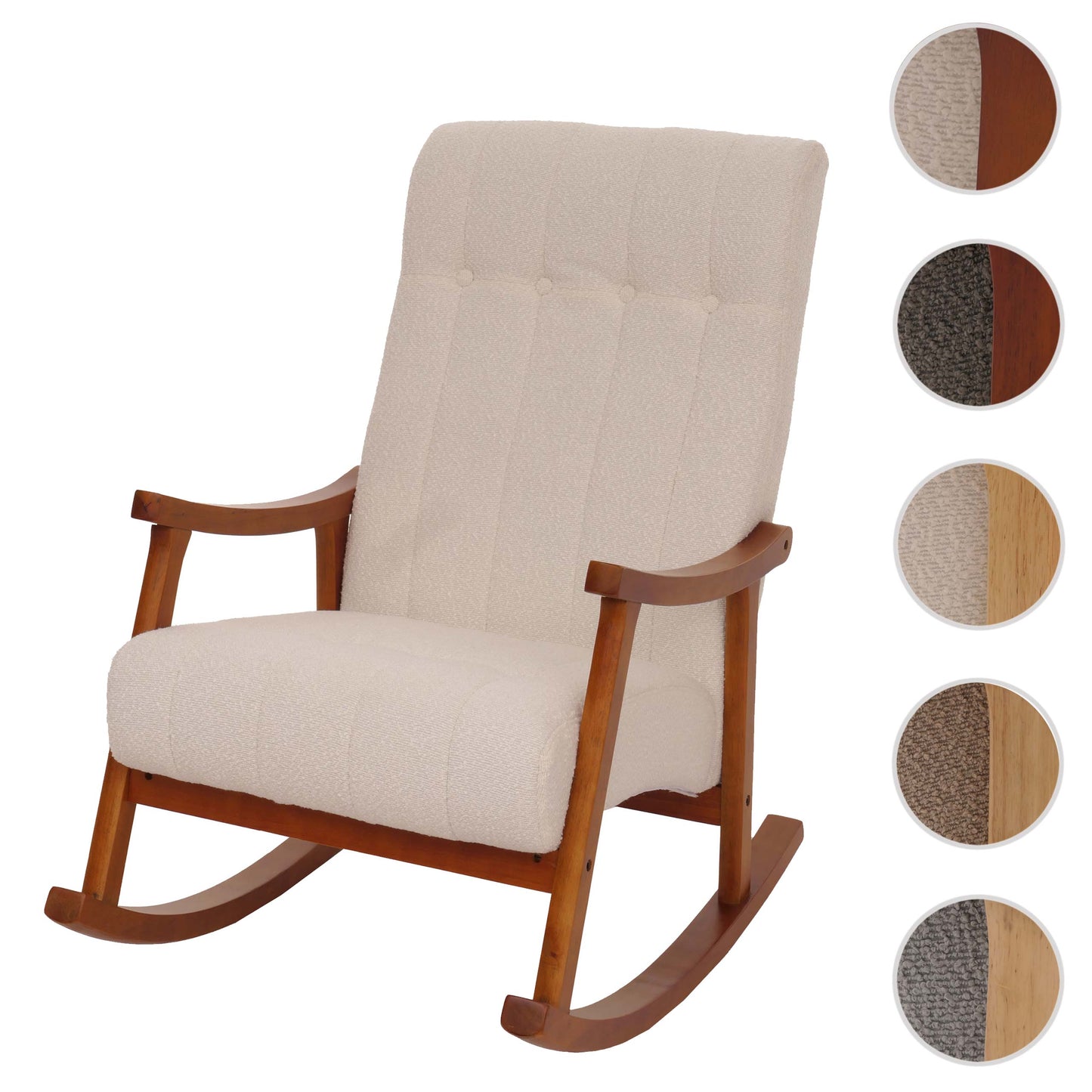 Schommelstoel MCW-K10, relaxfauteuil, hout MVG stof/textiel bouclé (450g/m²) ~ beige, frame walnoot-look
