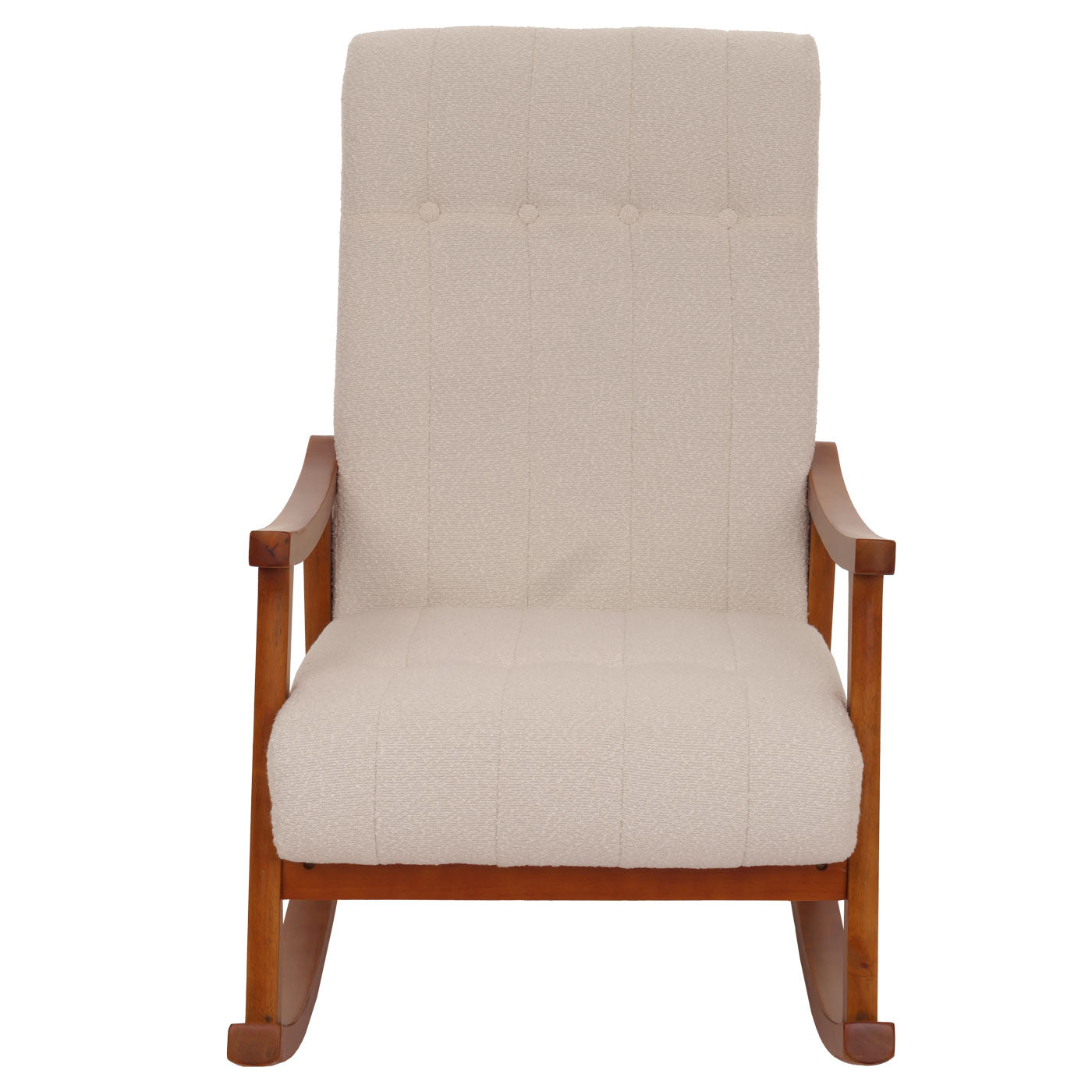 Schommelstoel MCW-K10, relaxfauteuil, hout MVG stof/textiel bouclé (450g/m²) ~ beige, frame walnoot-look