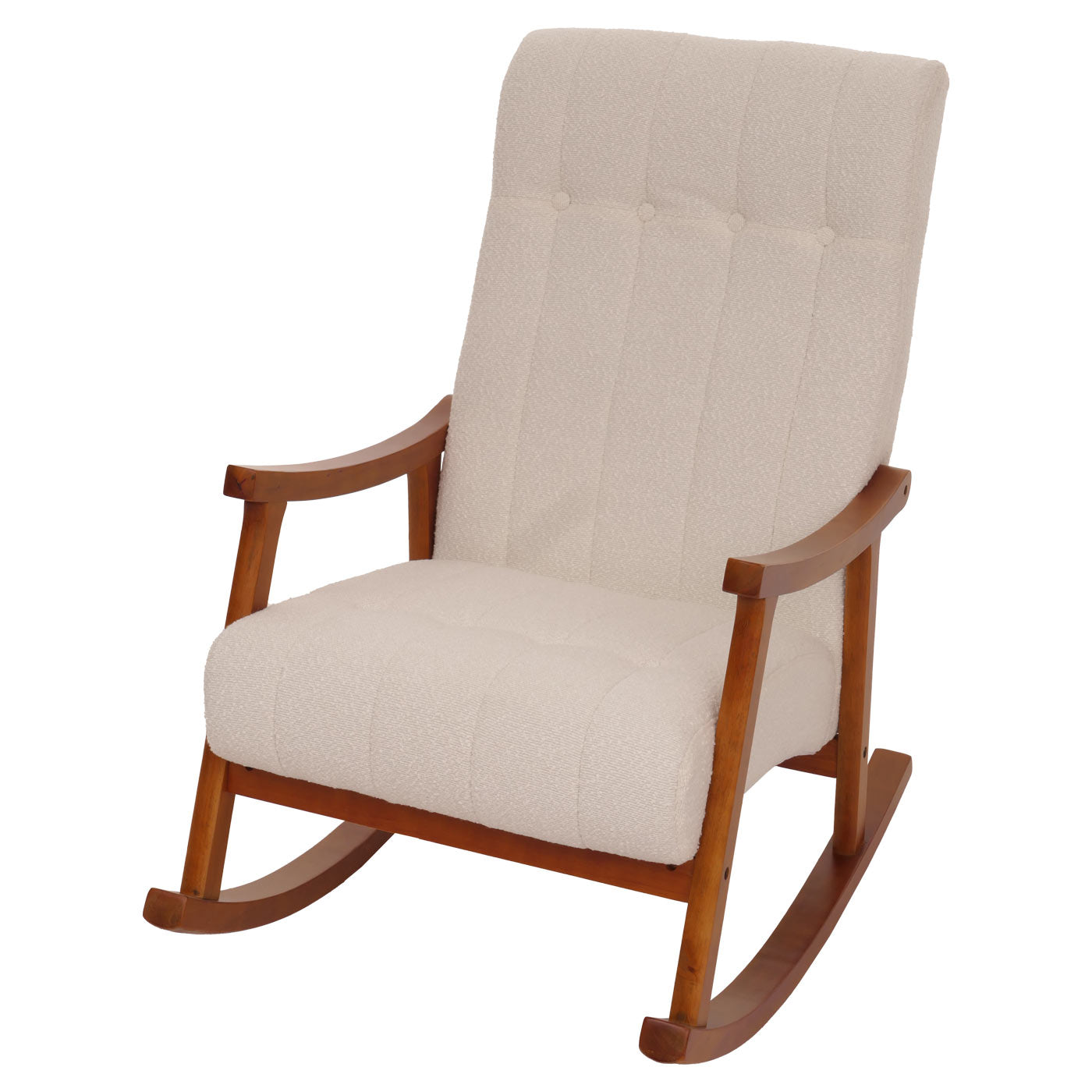 Schommelstoel MCW-K10, relaxfauteuil, hout MVG stof/textiel bouclé (450g/m²) ~ beige, frame walnoot-look