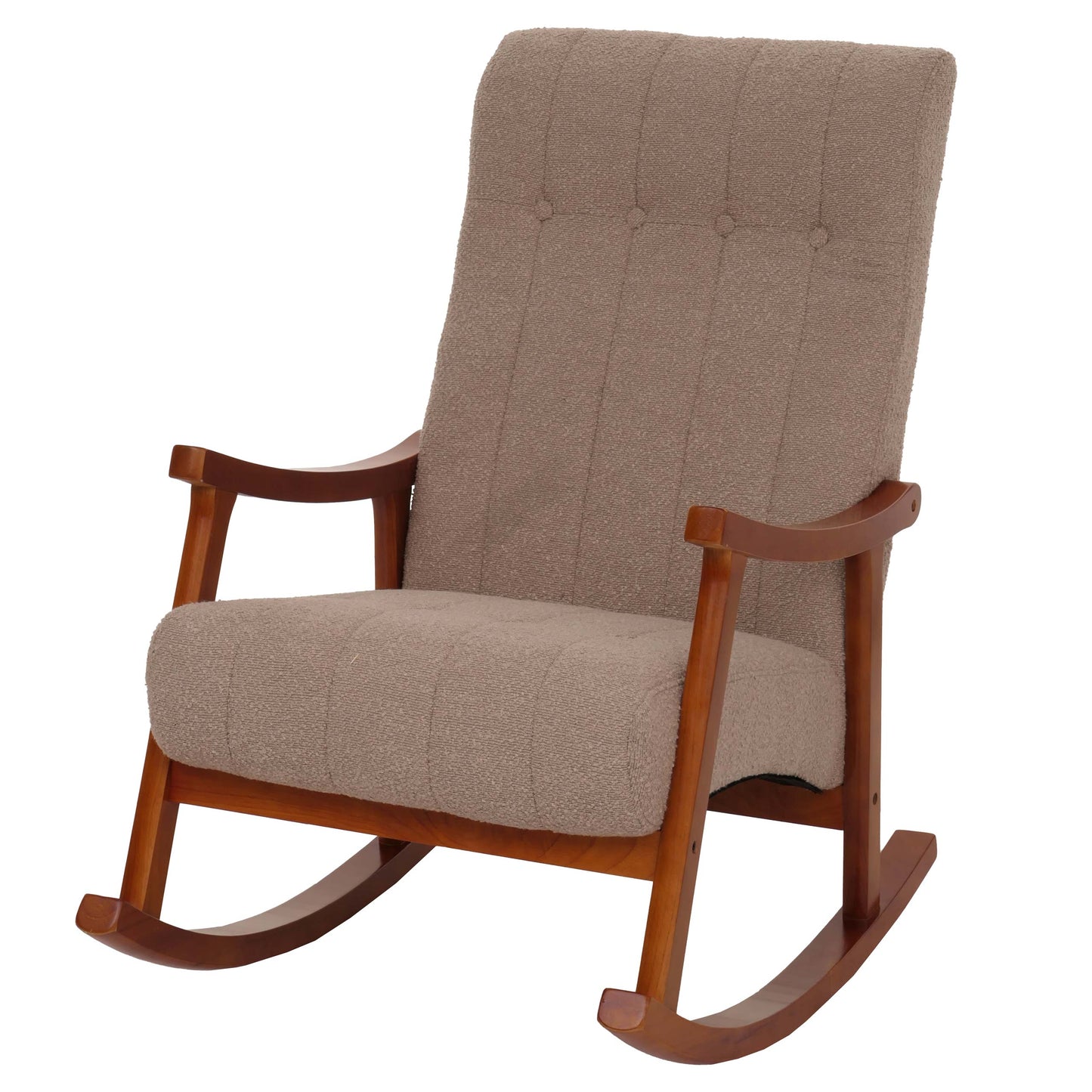 Schommelstoel MCW-K10, relaxfauteuil, hout MVG stof/textiel bouclé (450g/m²) ~ taupe, frame walnoot-look