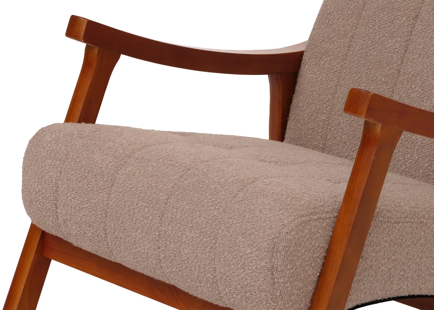 Schommelstoel MCW-K10, relaxfauteuil, hout MVG stof/textiel bouclé (450g/m²) ~ taupe, frame walnoot-look