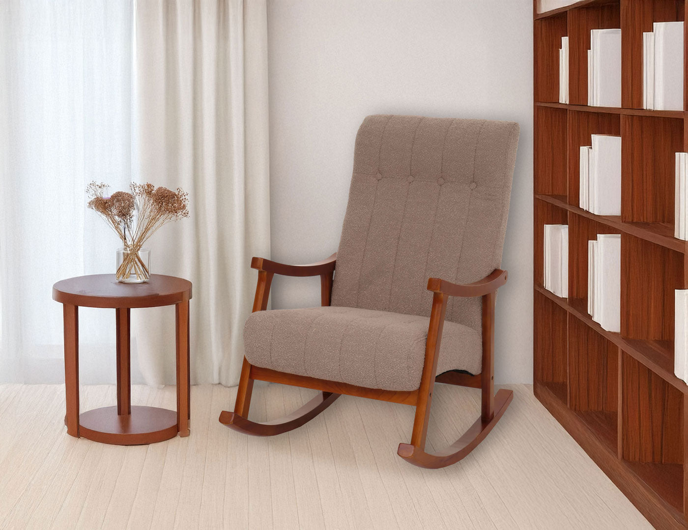 Schommelstoel MCW-K10, relaxfauteuil, hout MVG stof/textiel bouclé (450g/m²) ~ taupe, frame walnoot-look