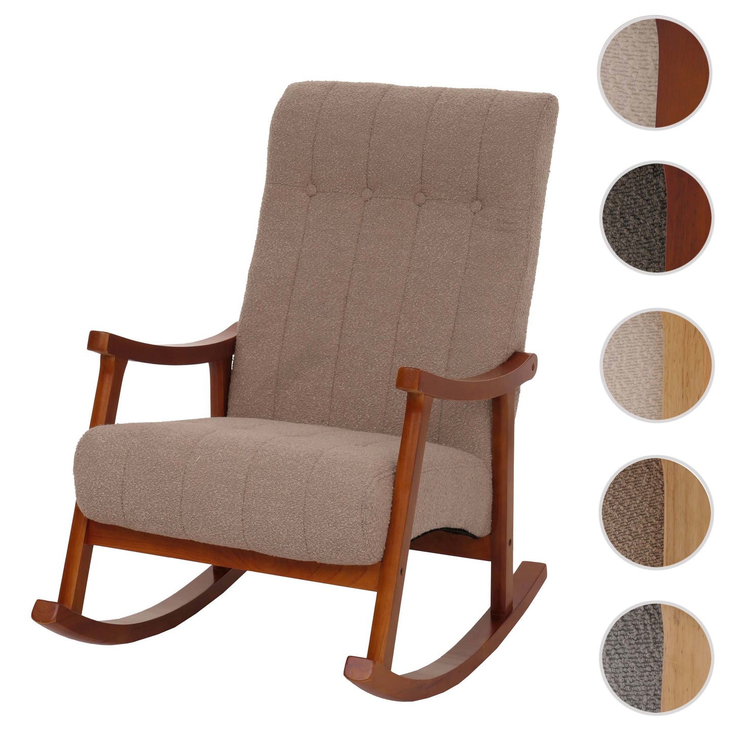Schommelstoel MCW-K10, relaxfauteuil, hout MVG stof/textiel bouclé (450g/m²) ~ taupe, frame walnoot-look