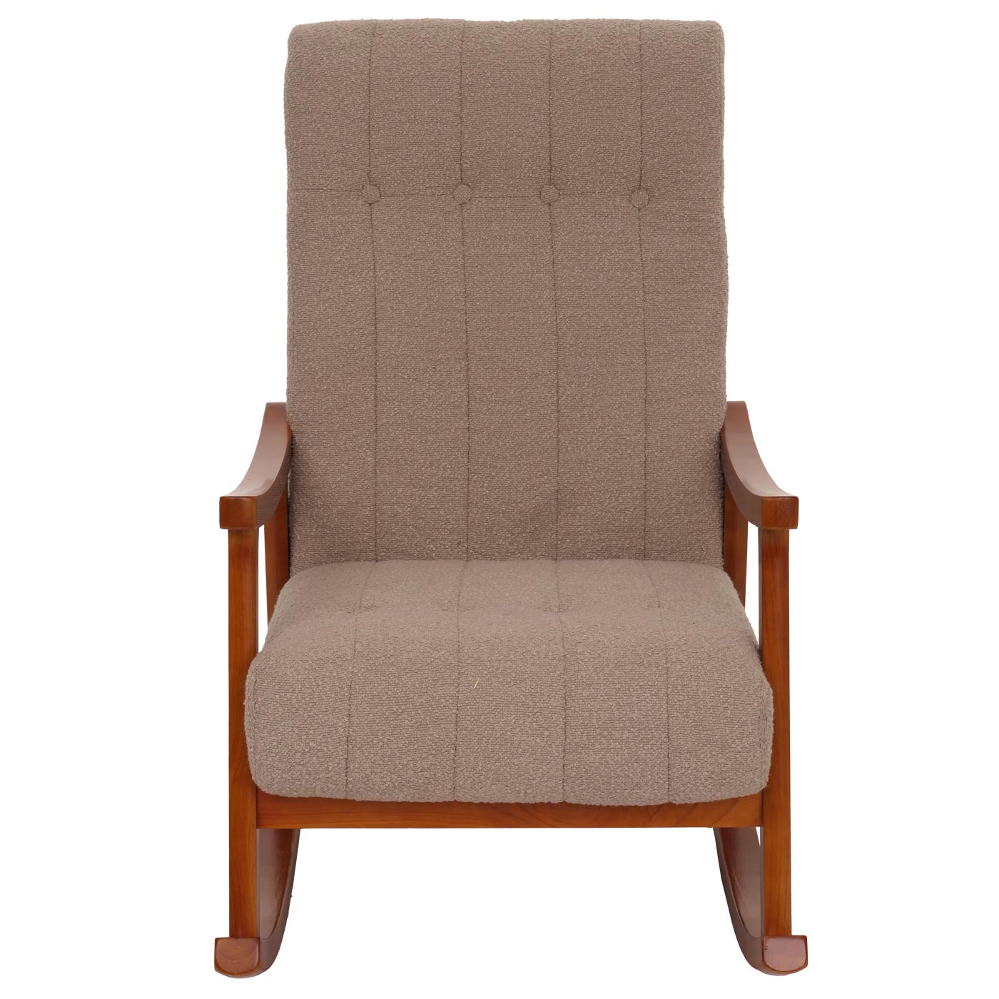 Schommelstoel MCW-K10, relaxfauteuil, hout MVG stof/textiel bouclé (450g/m²) ~ taupe, frame walnoot-look
