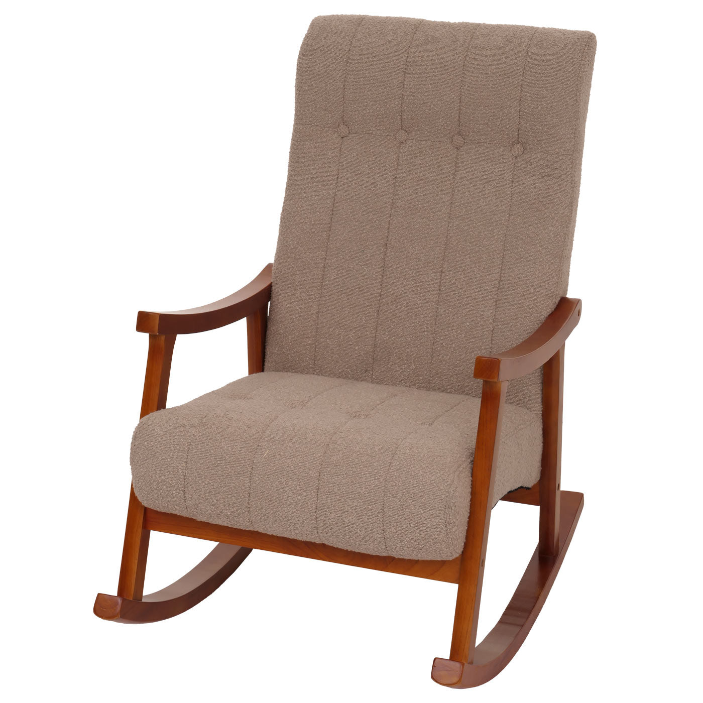 Schommelstoel MCW-K10, relaxfauteuil, hout MVG stof/textiel bouclé (450g/m²) ~ taupe, frame walnoot-look