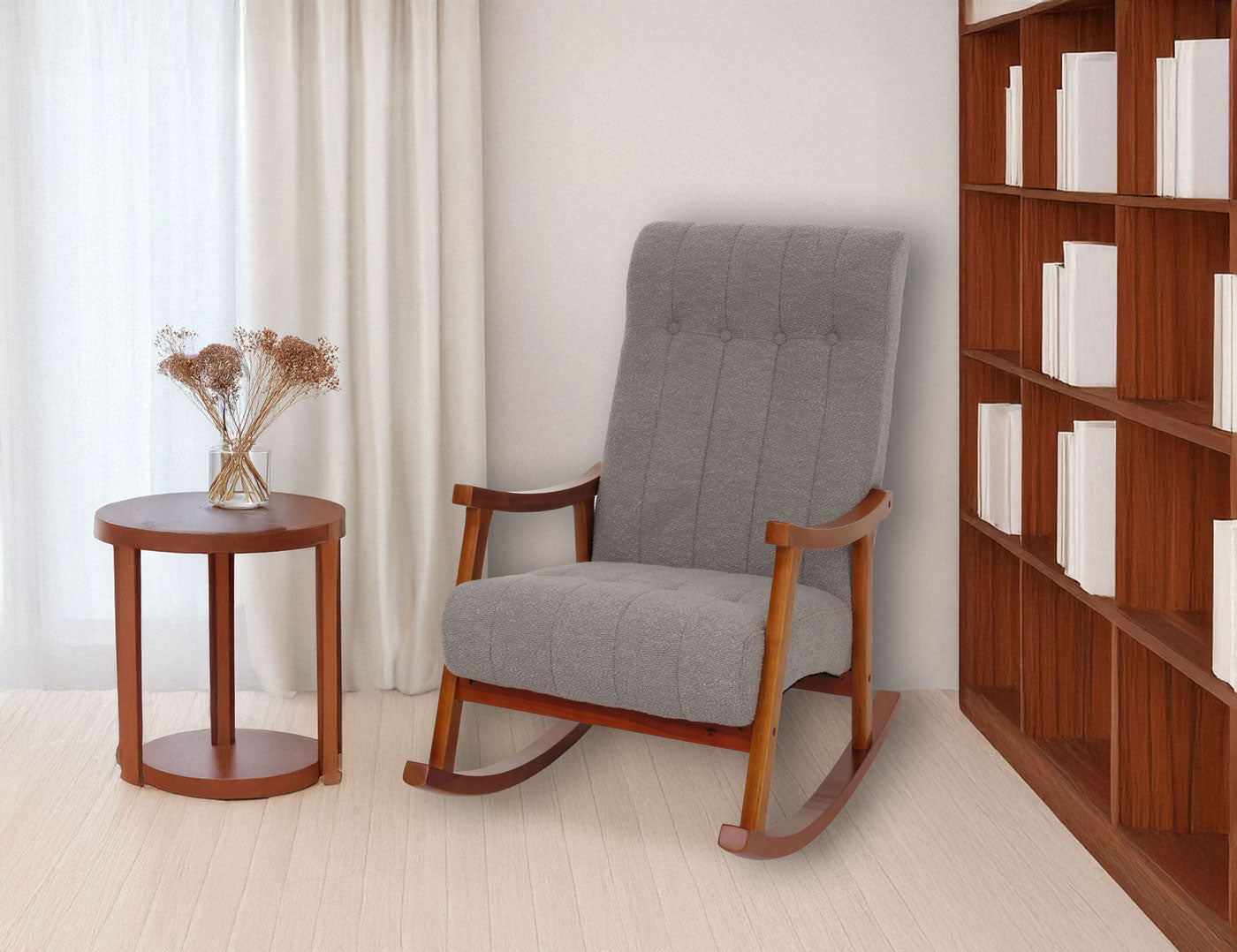 Schommelstoel MCW-K10, relaxfauteuil, hout MVG stof/textiel bouclé (450g/m²) ~ grijs, frame walnoot-look