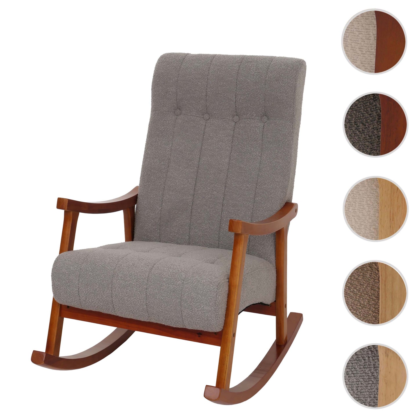 Schommelstoel MCW-K10, relaxfauteuil, hout MVG stof/textiel bouclé (450g/m²) ~ grijs, frame walnoot-look