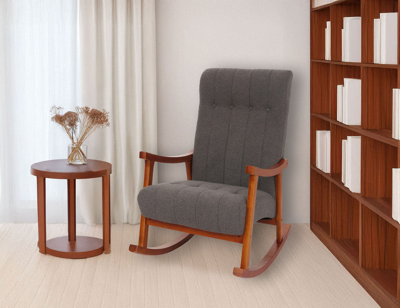 Schommelstoel MCW-K10, relaxfauteuil, hout MVG stof/textiel bouclé (450g/m²) ~ donkergrijs, frame walnoot-look
