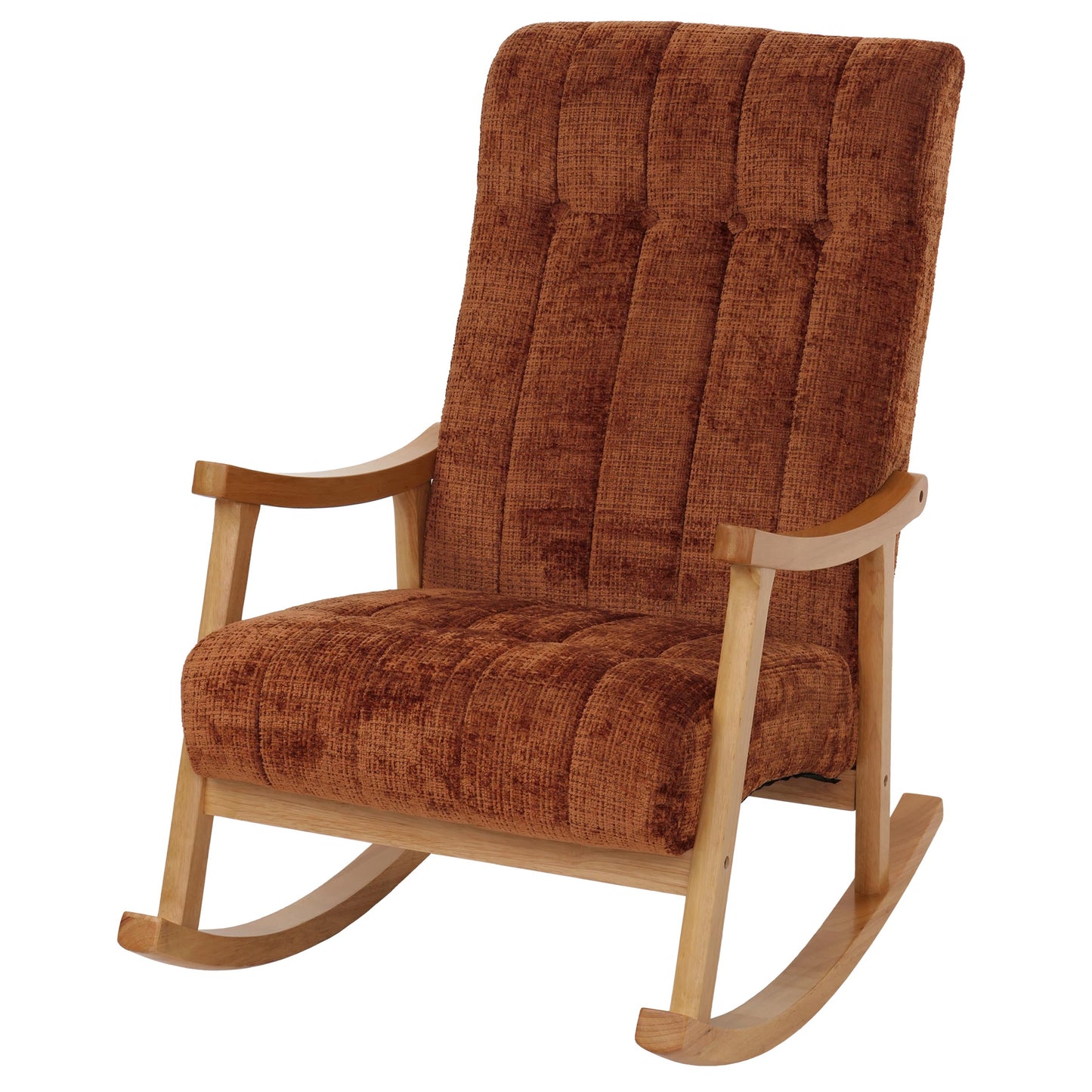 Schommelstoel MCW-K10, relaxfauteuil, hout MVG stof/textiel chenille (465g/m²) ~ terracotta, frame naturel