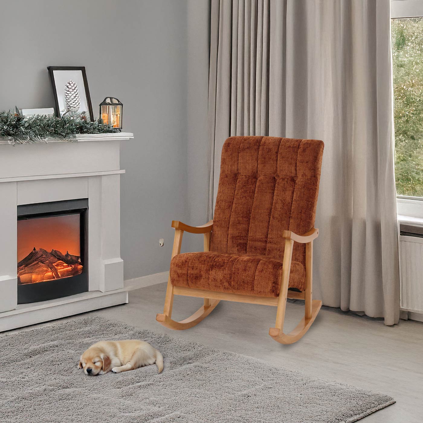 Schommelstoel MCW-K10, relaxfauteuil, hout MVG stof/textiel chenille (465g/m²) ~ terracotta, frame naturel
