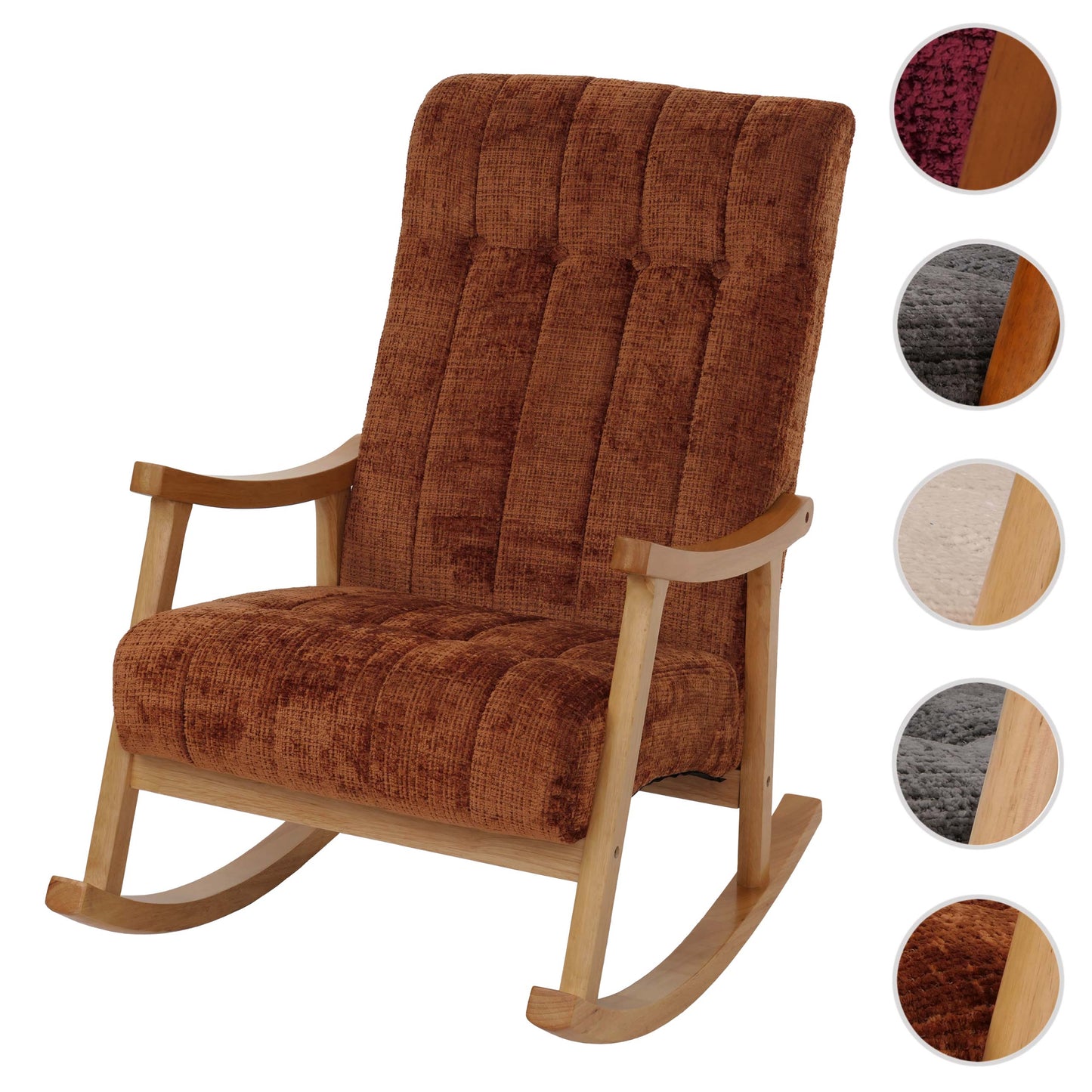 Schommelstoel MCW-K10, relaxfauteuil, hout MVG stof/textiel chenille (465g/m²) ~ terracotta, frame naturel