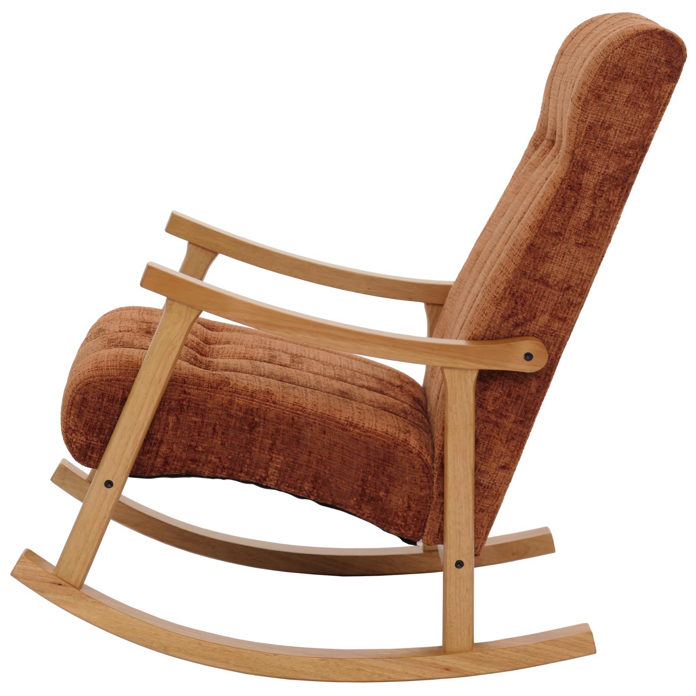 Schommelstoel MCW-K10, relaxfauteuil, hout MVG stof/textiel chenille (465g/m²) ~ terracotta, frame naturel